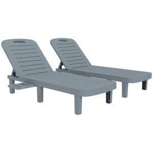 Set de 2 șezlonguri, scaun lung cu tăvi retractabile, înclinabil, suprafață cu efect de lemn 62 x 158 x 88 cm, gri