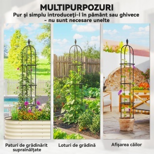 Set de 2 Suporturi pentru Plante Cățărătoare înalte de 1,74 m, Suporturi din Oțel cu Decorațiuni, pentru Trandafiri, Roșii, Flori, Mazăre și Legume, Negru - Img 7