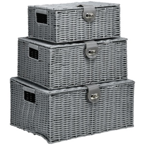 Set de 3 cosuri din rachita PP cu capac, containere dreptunghiulare de diferite dimensiuni, gri - Img 1