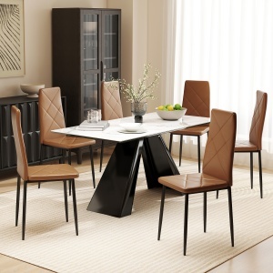 Set de 6 Scaune de Dining Moderne cu Spătar Înalt, din Piele Ecologică și Oțel, 41x50x97 cm, Maro - Img 2
