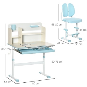 Set de birou si scaun cu inaltime reglabila Birou de scriere pentru copii masa de studiu pentru scoala cu raft, sertar, suport pentru stilouri, albastru - Img 3