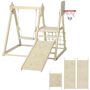 Set de Cățărare 5 în 1 cu Tobogan, 2 Pereți de Cățărare, Leagăn și Coș de Baschet, din Lemn, 140x172.5x116.5 cm