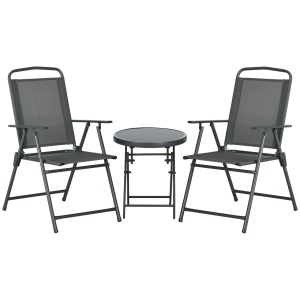 Set de Exterior din 3 Piese cu Masă cu Blat din Sticlă și 2 Scaune Pliabile din Plasă, Ф45x50 cm, Gri Deschis - Img 1