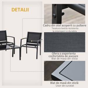 Set de Gradina 4 bucati cu Masuta de cafea, 2 Scaune si o Panca in Metal, Negru - Img 5