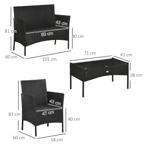 Set de Gradina 4 Piese din Ratan cu 2 Scaune, Fotoliu de Gradina cu 2 Locuri si Masuta Joasa de Cafea, Negru si Crem - Img 3