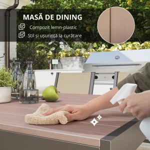 Set de Grădină din 7 Piese cu Masă din Plastic-Lemn și 6 Fotolii Stivuibile cu Șezut și Spătar, 150x90x73 cm, Maro - Img 5