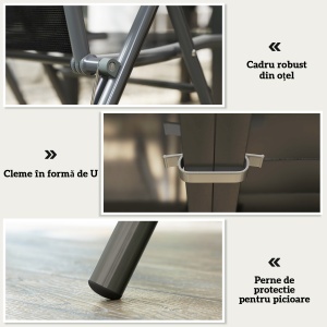 Set de Grădină din 7 Piese cu Masă Extensibilă și 6 Scaune Pliabile cu Brațe, 90/180x90x75 cm, Gri și Negru - Img 8