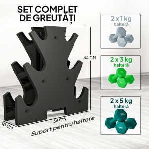 Set de greutăți hexagonale, greutate totală de 18 kg, cu suport inclus, din oțel, metal și plastic, multicolor - Img 4