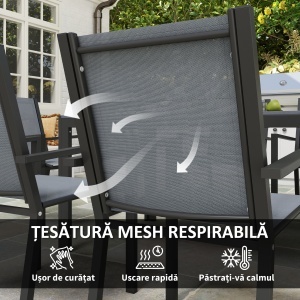 Set de Mobilier de Grădină cu 7 Piese, Masă și 6 Scaune Stivuibile, Mobilier din Oțel Textilen, Gri Deschis - Img 6