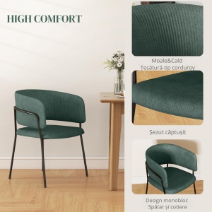 Set de Scaune, Scaune de Bucătărie Tapițate Moderne din Catifea cu Spate, Cotieră și Picioare Metalice, 57x53x73 cm, Verde - Img 5
