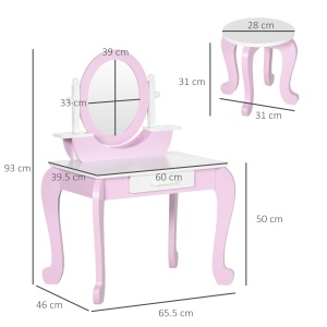 Set de Toaletă Machiaj, Măsuță de Machiaj cu Oglinzi și Taburet pentru Copii, Vârsta 3-6 Ani, 65,5x46x93 cm, Roz - Img 3