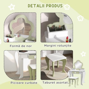 Set de toaletă pentru copii cu oglindă de machiaj și scaunel asortat din lemn, sertar și recipiente, alb - Img 6