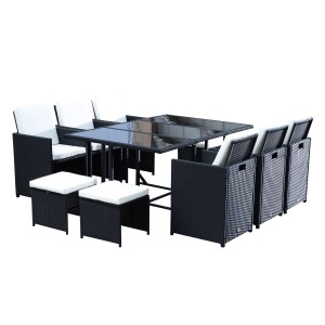 Set e Mobilier de Gradina in PE Rattan Set de Pranz 11 bucati cu Perne, Negru - Img 1