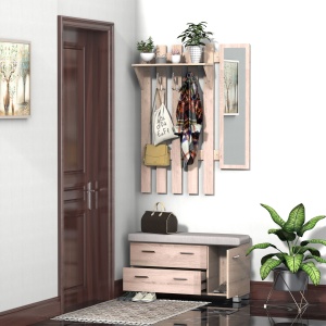 Set Hol 3 Piese – Dulap Pantofi, Cuier cu Oglinda, Design Lemn - Img 2