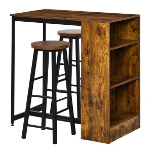 Set Masa Bar Industrial 3 Piese, inaltime Counter, cu Raft de Depozitare, Rustic Maro