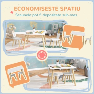 Set Masă și 2 Scaune pentru Copii 3-6 ani, Masă și Scaune cu Spătar în Formă de Urechi, 60x60x44 cm, Alb - Img 6