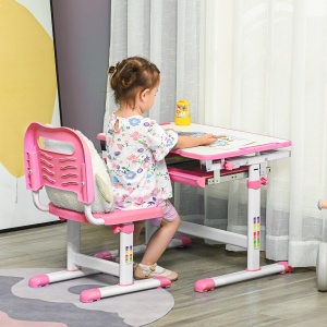Set Masă și Scaun pentru Copii Reglabilă pe Înălțime, cu Blat Înclinabil 45°, 66x47x52-77 cm, Roz - Img 2