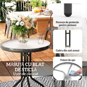 Set Mobilier de Grădină din 3 Piese cu Scaune Suprapozabile și Masă din Sticlă, 54x71x93 cm, Gri Închis - Img 7