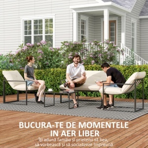 Set Mobilier Exterior 4 Piese, Set Relaxare cu Măsuță din Sticlă, Canapea, 2 Fotolii și Perne, Bej - Img 7
