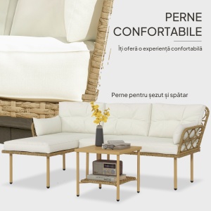 Set Mobilier Grădină 4 Persoane, 3 Piese cu Măsuță de Cafea, Perne Confortabile Incluse, Ratan Crem - Img 5