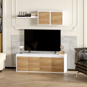 Set Mobilier TV și Dulap Suspendat cu 7 Rafturi și Raft Deschis, Mobilier pentru TV din PAL, 120x41x43,3 cm, Alb - Img 7