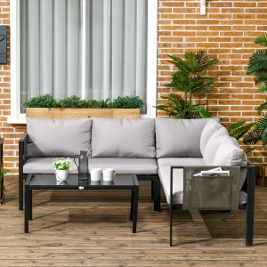 Set pentru gradina 4 bucati cu 2 canapele 2 locuri, fotoliu de colt si masuta de cafea din geam securizat, gri si negru - Img 2