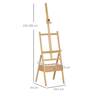 Șevalet de Pictură Reglabil cu Sertar Inferior, Șevalet din Lemn de Fag, 43,5x43x150-190 cm, Culoare Lemn - Img 3