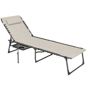 Șezlong de Grădină Pliabil și Reglabil în 5 Poziții cu Măsuță Laterală, 60x190x31 cm, Alb Crem