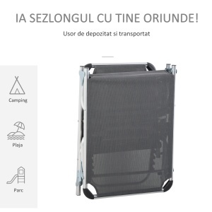 Șezlong de plajă, Pliabil cu suport pentru cap, spătar reglabil, aluminiu și textilene, bej - Img 5