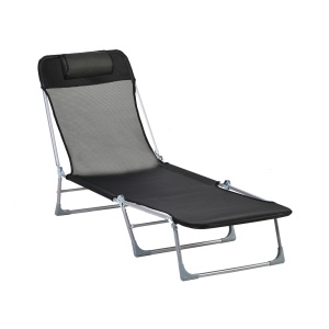 Șezlong Pliabil cu Spătar Reglabil pe 5 Niveluri și Pernă, Șezlong de Grădină cu Material Texteline, pentru Plajă Piscină Grădină, 182x56x28 cm, Negru - Img 1