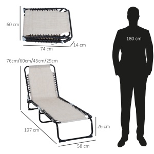 Sezlong portabil din otel si material tip plasa, care permite circularea aerului, cu spatar reglabil pe 4 pozitii, 197x58x26 cm, negru si crem - Img 3