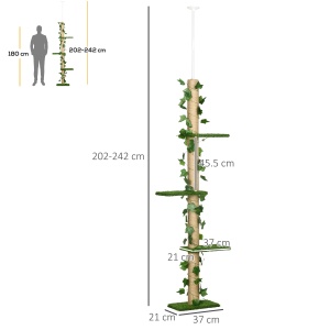 Stâlp Înalt pentru Pisici cu Tijă de Tensionare din Iută cu Frunze, 37x21x202-242 cm, Verde - Img 3