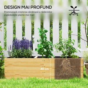 Strat de Grădină Înălțat și Adânc cu 3 Zone de Creștere și Strat de Protecție, 140x60x40 cm, Lemn Natural - Img 5