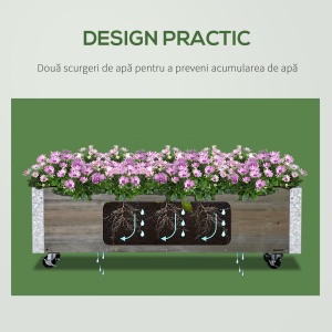 Strat Înălțat de Grădină cu Roți, Frână și Strat din Nețesut cu Orificii de Drenaj, 96x30.6x30 cm, Gri Deschis - Img 6