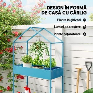 Suport Ghivece pe 2 Niveluri din Metal în Formă de Casă, Raft pentru Plante cu Cârlig pentru Interior și Exterior, 75x35x150 cm, Verde Albastru - Img 4