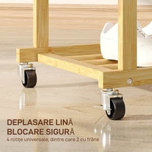 Suport pentru haine cu 2 bare, raft inferior și 4 roți din bambus, 80x40x160 cm, lemn natural - Img 5