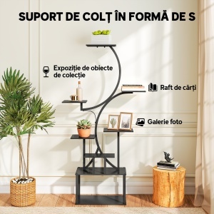 Suport pentru Plante cu 8 Rafturi în Formă de S, Suport Ghivece Metalic pentru Interior și Exterior, pentru Grădină, Balcon, Terasă, Cameră de Zi, 74x26x158,5 cm, Negru - Img 5