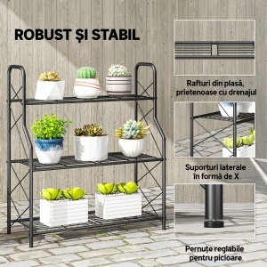 Suport pentru Plante Vertical cu 3 Niveluri, cu Suporturi Laterale în X, Suport Ghivece cu Mânere Integrate din Metal pentru Interior și Exterior, 69x28.5x78 cm, Negru - Img 5