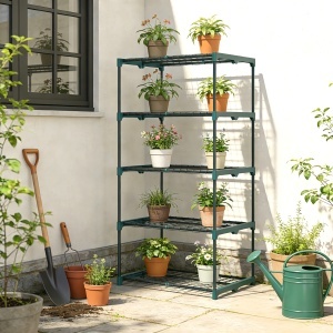 Suport pentru Plante Vertical cu 5 Niveluri din Oțel și Plastic, Suport Ghivece pentru Interior și Exterior Grădină Balcon, 67x49x138 cm, Verde Închis - Img 9