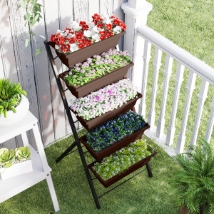 Suport pentru Plante Vertical cu 5 Niveluri și 5 Ghivece cu Găuri de Drenaj, Suport din Oțel și Plastic, 55x63x120 cm, Maro - Img 7
