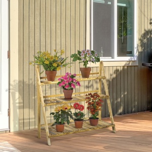 Suport Pliabil pentru Plante din Lemn de Brad cu 3 Nivele, 100x37x93 cm, Lemn Natural - Img 2
