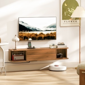 Suport TV suspendat până la 50" cu prize de curent, USB și tip C, sertar și rafturi, 120x24x22.4 cm, Nuc - Img 2
