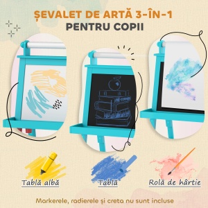 Tablă de Desen Dublă cu Magnet, Sul de Hârtie și Depozitare, Pentru Copii 3-6 Ani, 59x48x118 cm, Albastru - Img 4