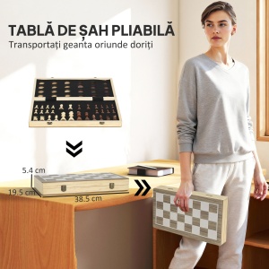 Tablă de Șah Pliabilă pentru Șah și Dame cu Compartimente, din Lemn și Metal, 38.5x38.5x2.8 cm, Alb și Nuc - Img 5