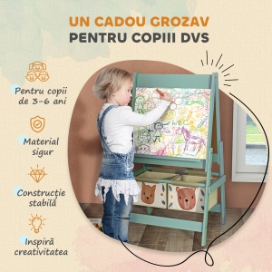 Tabla pentru copii 3 in 1 cu 2 containere sevalet de arta din lemn pentru copii 3-8 ani verde pentru scoala mobilier camera copilului birou pentru copii mici - Img 6