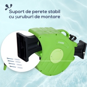 Tambur Portabil pentru Furtun Montat pe Perete cu Derulare Automata, 47,5x15,5x35,5 cm, Verde - Img 6