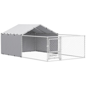 Țarc pentru Câini de Exterior cu Acoperiș Anti-UV Impermeabil și Boluri Rotative, 400x230x150 cm, Argintiu