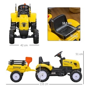 Tractor de Pedalat pentru Copii de 3+ Ani cu Remorcă, Greblă, Lopată și Claxon, 133x42x51 cm, Galben - Img 3