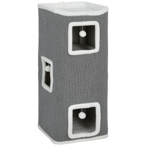 Turn pentru Pisici cu 4 Niveluri, 3 Căsuțe, 3 Bile de Jucărie și Loc de Relaxare, Copac pentru Pisici din Plăci Aglomerate, Țesătură și Pluș, 41x41x100 cm, Gri și Alb - Img 1