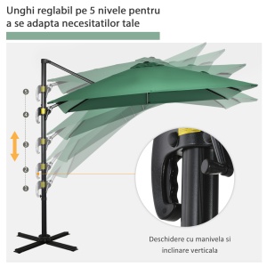 Umbrelă de Grădină cu Manivelă, Rotire la 360°, Orificii de Ventilație și Parasolar Reglabil, 2.5x2.5 m, Verde - Img 5